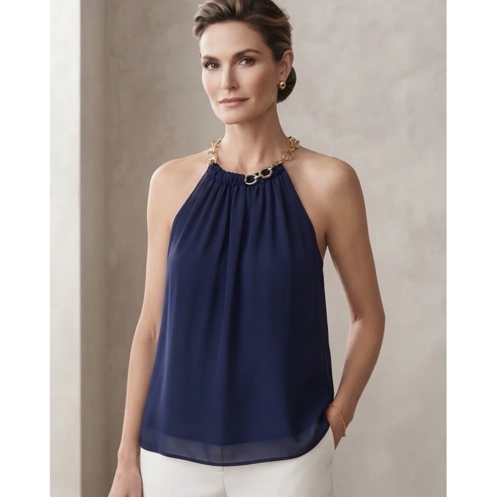 DVF Diane von Furstenberg Silk Top Womens P Aubrey Gold Chain Collar Sleeveless